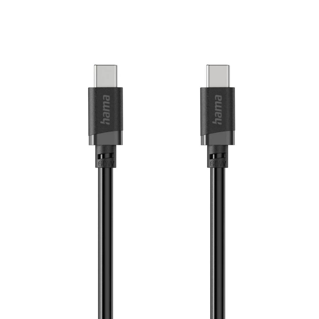 Deux câbles USB-C noirs avec des connecteurs de marque Hama présentés côte à côte sur un fond blanc.