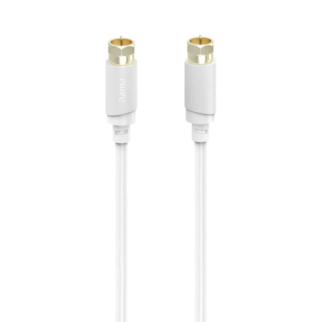 Câble audio blanc avec deux connecteurs de style RCA dorés sur un fond uni.