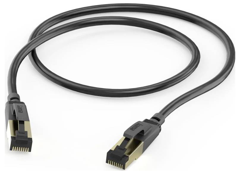 Câble Ethernet noir avec connecteurs plaqués or sur fond blanc.