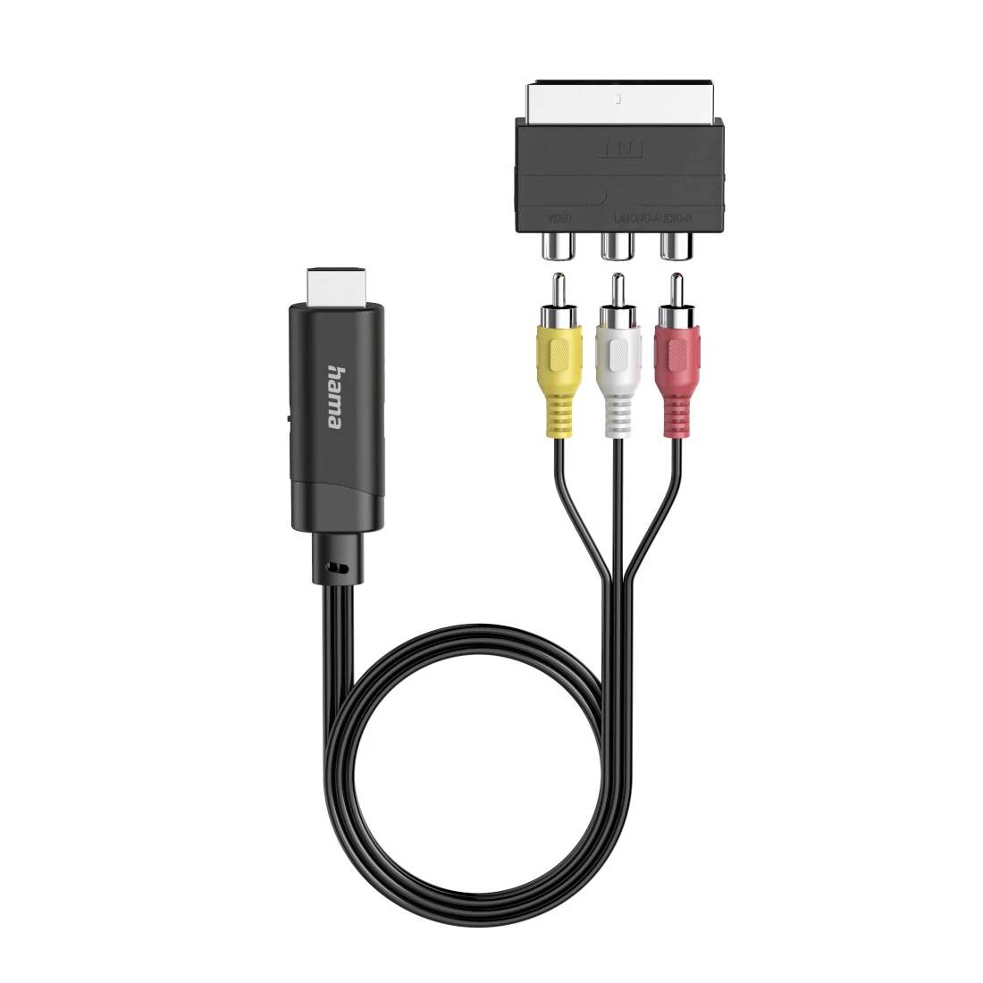 Hama-Adapterkabel mit einem USB-C-Anschluss und drei farblich gekennzeichneten RCA-Steckern in Gelb, Weiß und Rot auf weißem Hintergrund.