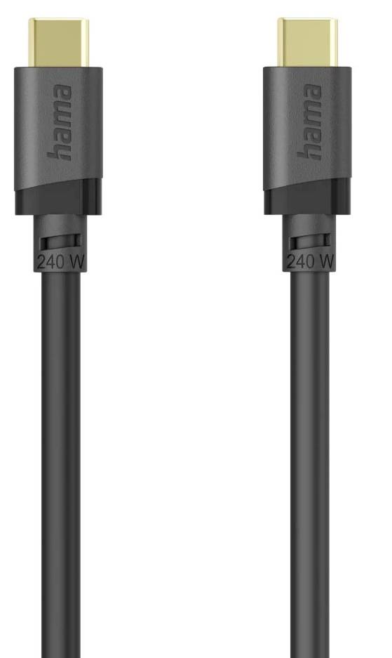 Deux câbles Hama USB-C noirs avec connecteurs dorés, étiquetés « 240 W », présentés côte à côte sur un fond blanc.