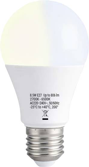Ampoule LED avec spécifications imprimées, y compris 8,5W, E27, 806 lm, 2700K-6500K, AC220-240V, 50/60Hz, -25°C à +40°C, 200°.
