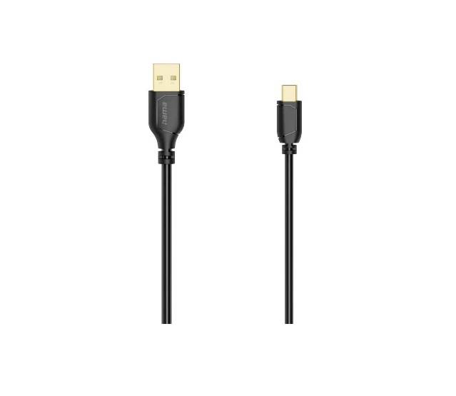Black USB-A to USB-C charging cable shown on a white background, with both connectors visible side by side.