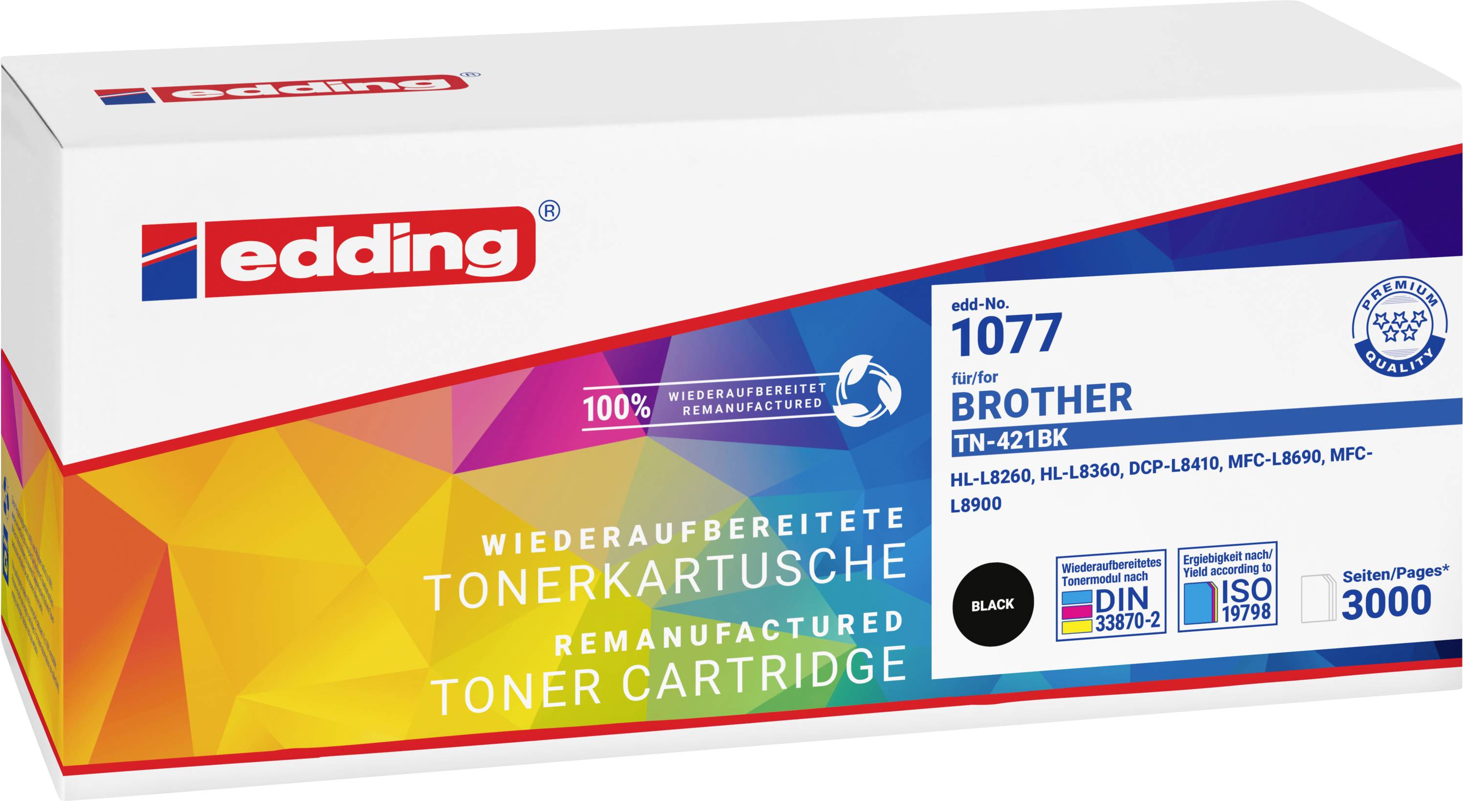 Boîte de cartouche de toner réusinée Edding pour imprimantes Brother, étiquetée noir, « Seiten/Pag » 3000, avec icônes environnementales et de certification.
