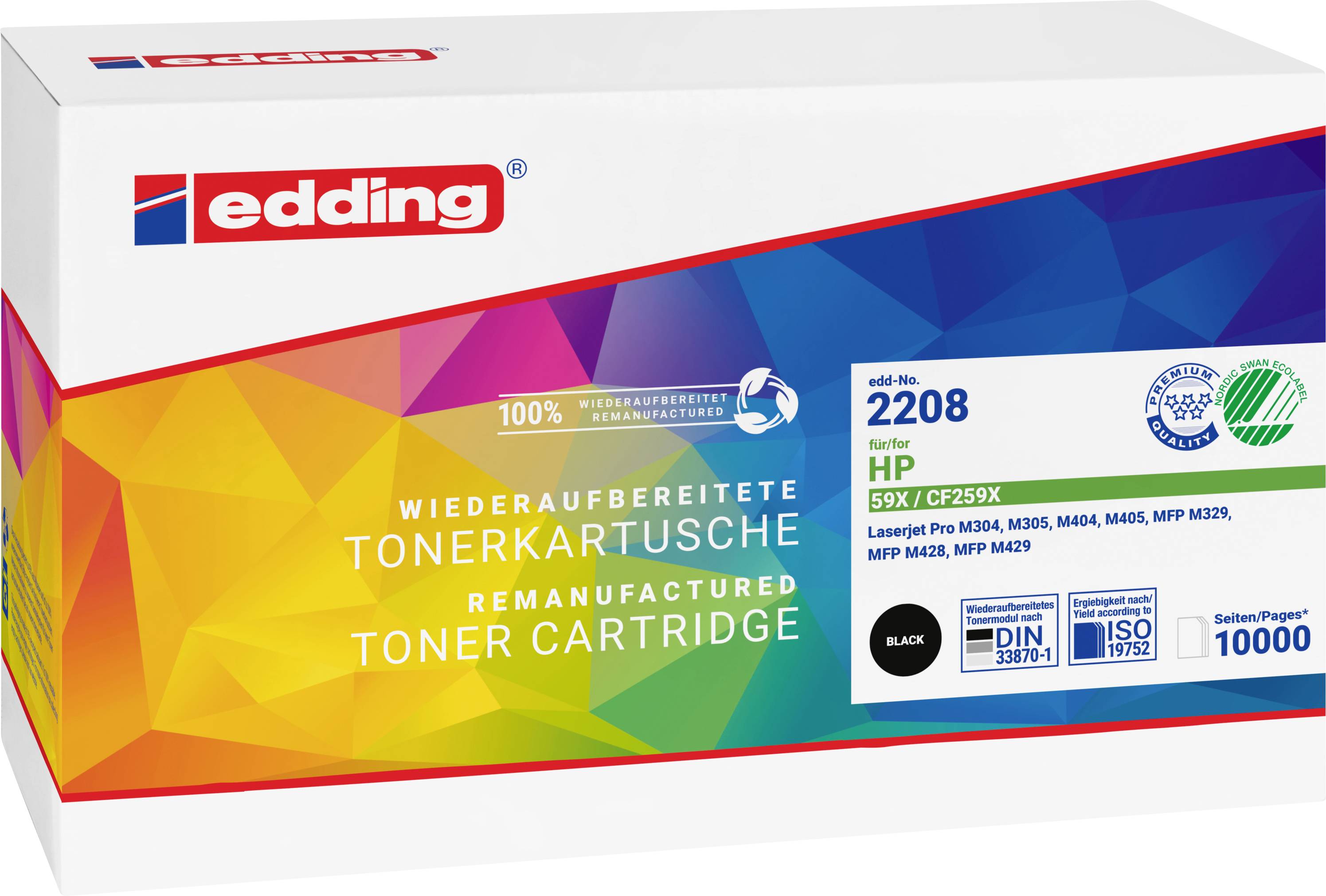 Boîte de cartouche de toner réusinée edding pour imprimantes HP, étiquetée « 2208 », « HP 59A/CF259A », et « 10000 » pages.