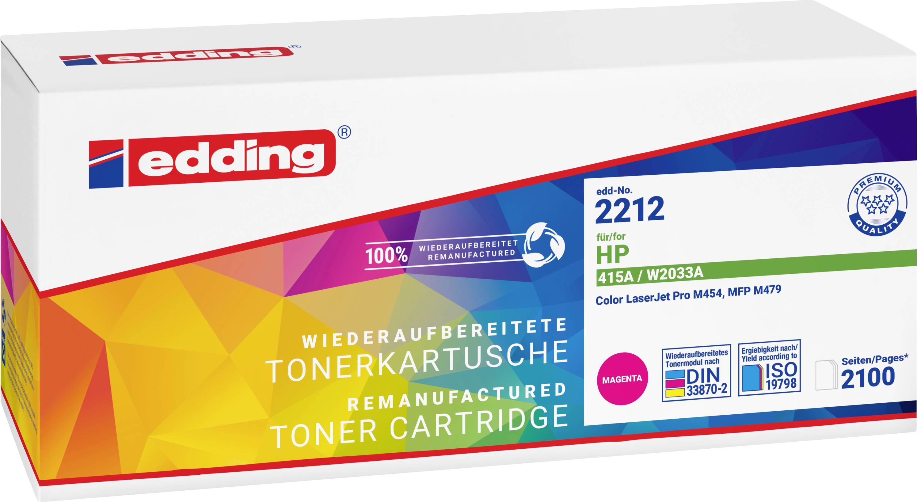 Boîte de cartouche de toner remanufacturisée edding, modèle 2212 pour HP 415A W2033A, magenta, avec un rendement de 2100 pages.