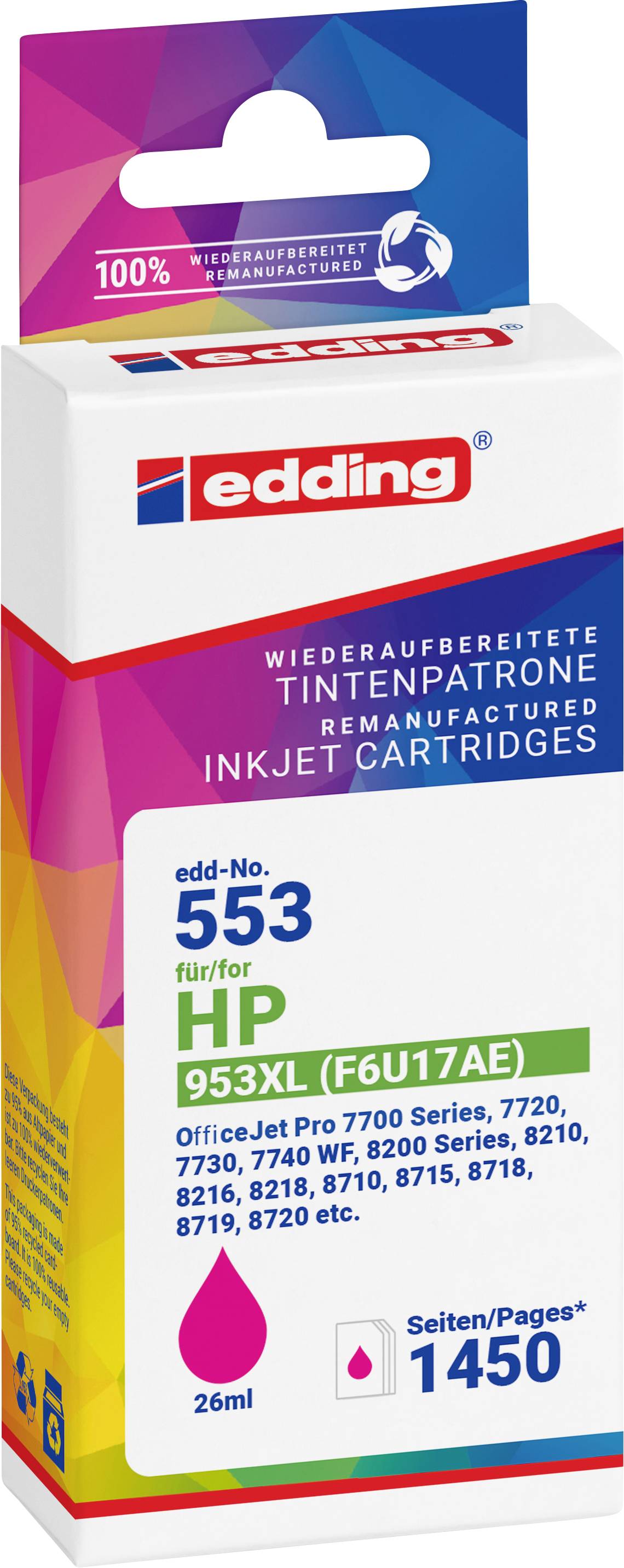 Packung edding nachgefertigte Tintenstrahlpatronen, edd-Nr. 553 für HP 953X, magenta, 26 ml, 1450 Seiten.