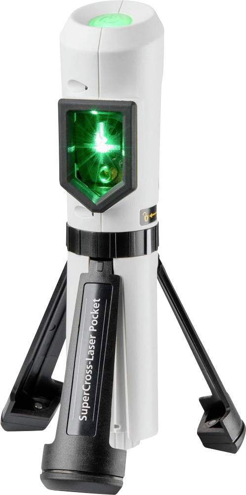 Petit niveau laser de poche SuperCrosslaser blanc et noir sur un trépied, montrant des faisceaux laser vert brillant à travers la fenêtre avant.