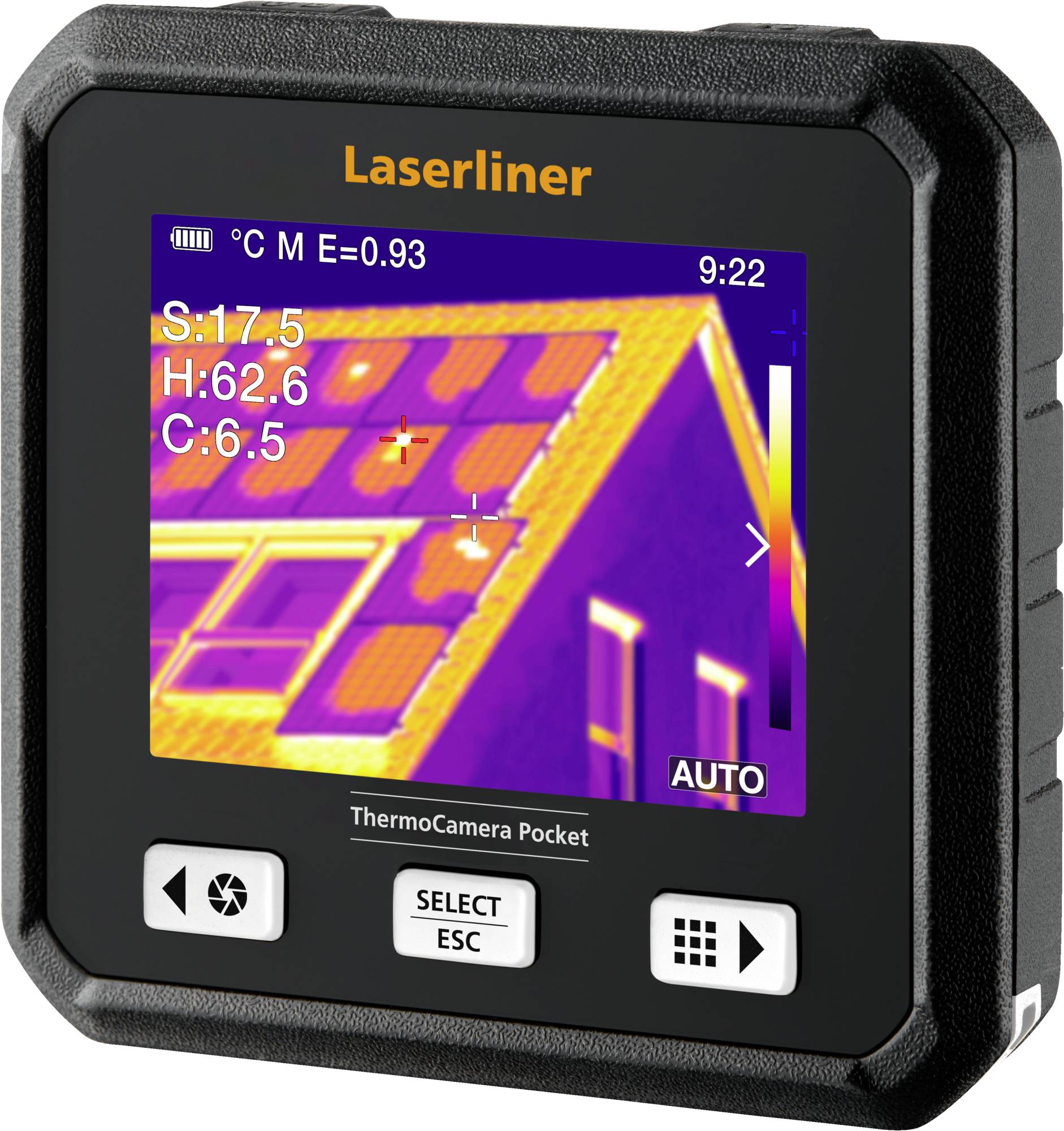 Caméra thermique Laserliner ThermoCamera Pocket affichant une image thermique d'un toit et d'un mur de bâtiment avec lectures de température et mode AUTO.