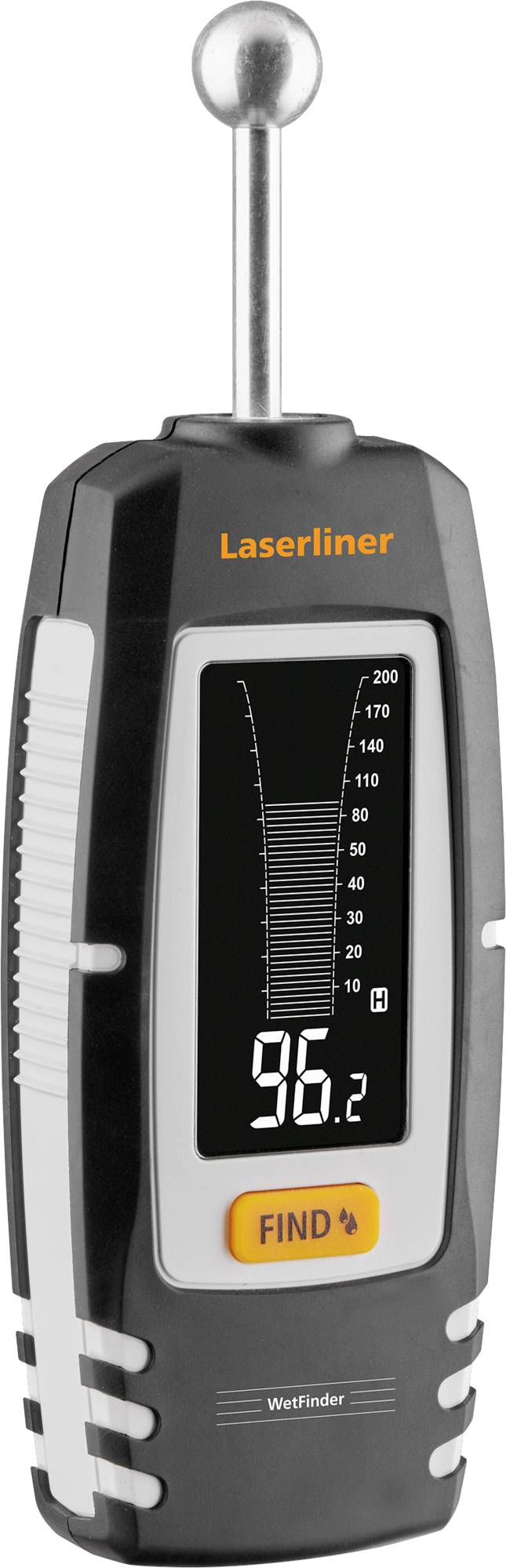 Télémètre laser Handheld Laserliner affichant une lecture de 96,2 sur son écran, avec un bouton « FIND » et une échelle de mesure.
