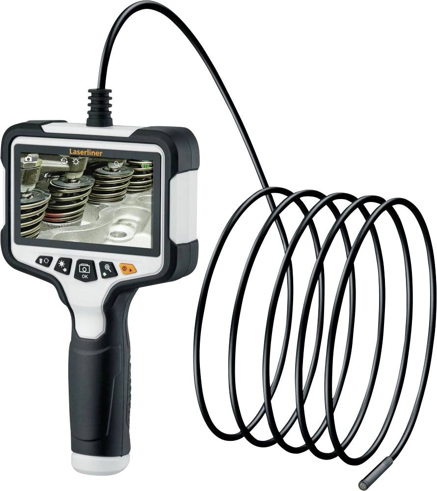 Caméra d'inspection portative avec sonde flexible enroulée, affichant les ressorts de soupape du moteur sur son écran.