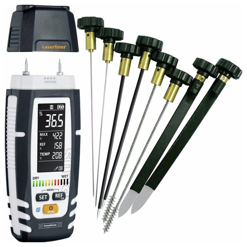 Humidimètre Laserliner avec capuchon de capteur détachable et plusieurs embouts de sonde pour mesurer l'humidité dans différents matériaux.