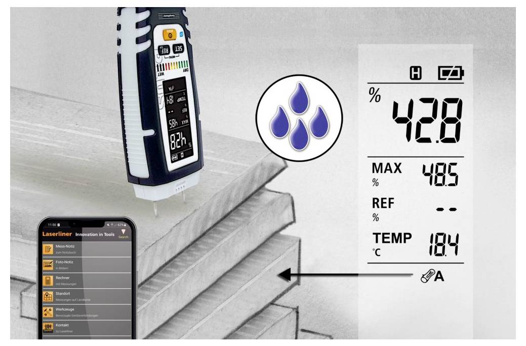 Humidimètre laser portatif mesurant du bois empilé, affichant 42,8 % d'humidité sur l'écran et une interface d'application téléphonique avec des lectures.