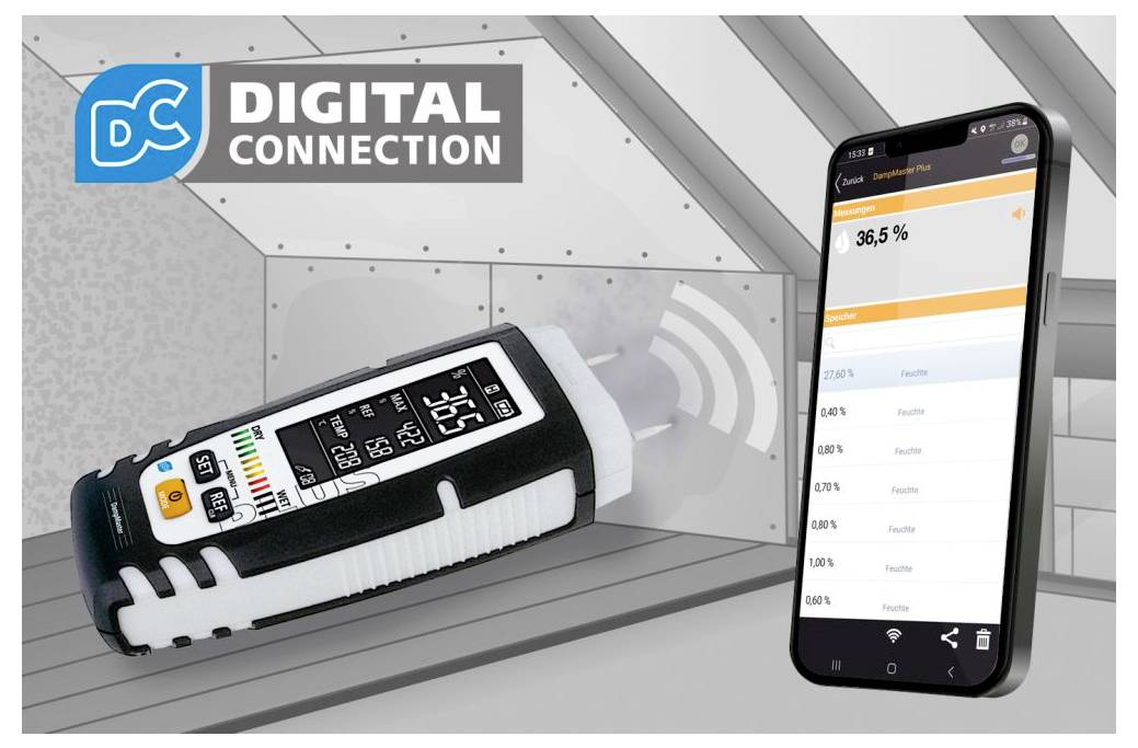 Image promotionnelle Digital Connection montrant un capteur portatif robuste transmettant des données sans fil à une application pour smartphone avec une lecture de 36,5%.