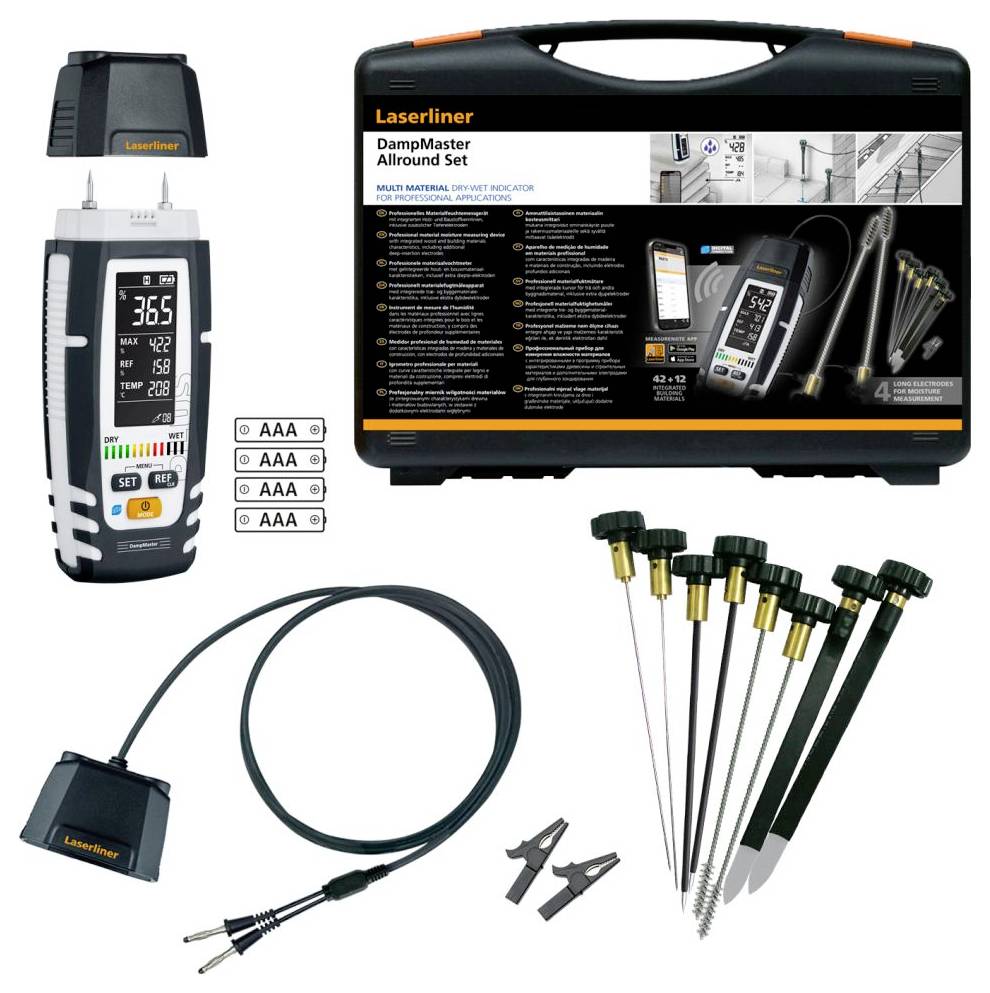 Kit complet humidimètre Laserliner DampMaster Allround avec étui de transport, appareil de mesure, piles, sonde câblée, accessoires et broches de test.