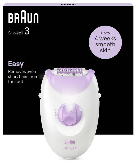 Épilateur Braun Silk-épil 3 sur un emballage noir, avec le texte « Jusqu'à 4 semaines de peau lisse » et « Élimine facilement même les poils courts à la racine ».