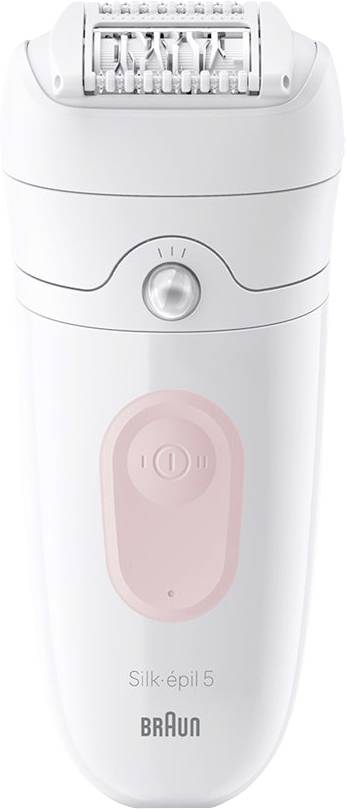Épilateur électrique Braun Silk-épil 5 blanc avec pincettes rotatives visibles et zone d'alimentation rose sur le devant.