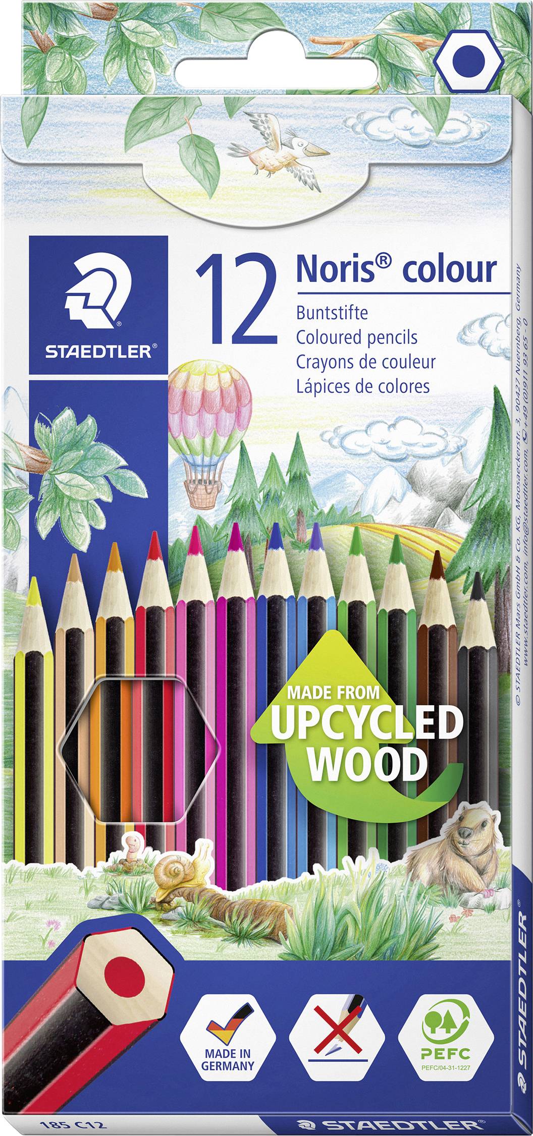 Emballage pour crayons de couleur Staedtler Noris, présentant 12 crayons en bois recyclé avec des illustrations à thème nature et l'étiquette « Fabriqué à partir de bois recyclé ».