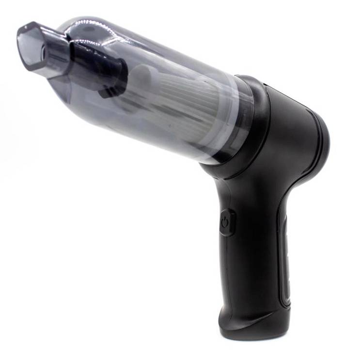 Aspirateur-balai sans fil noir avec réservoir à poussière transparent sur fond blanc.
