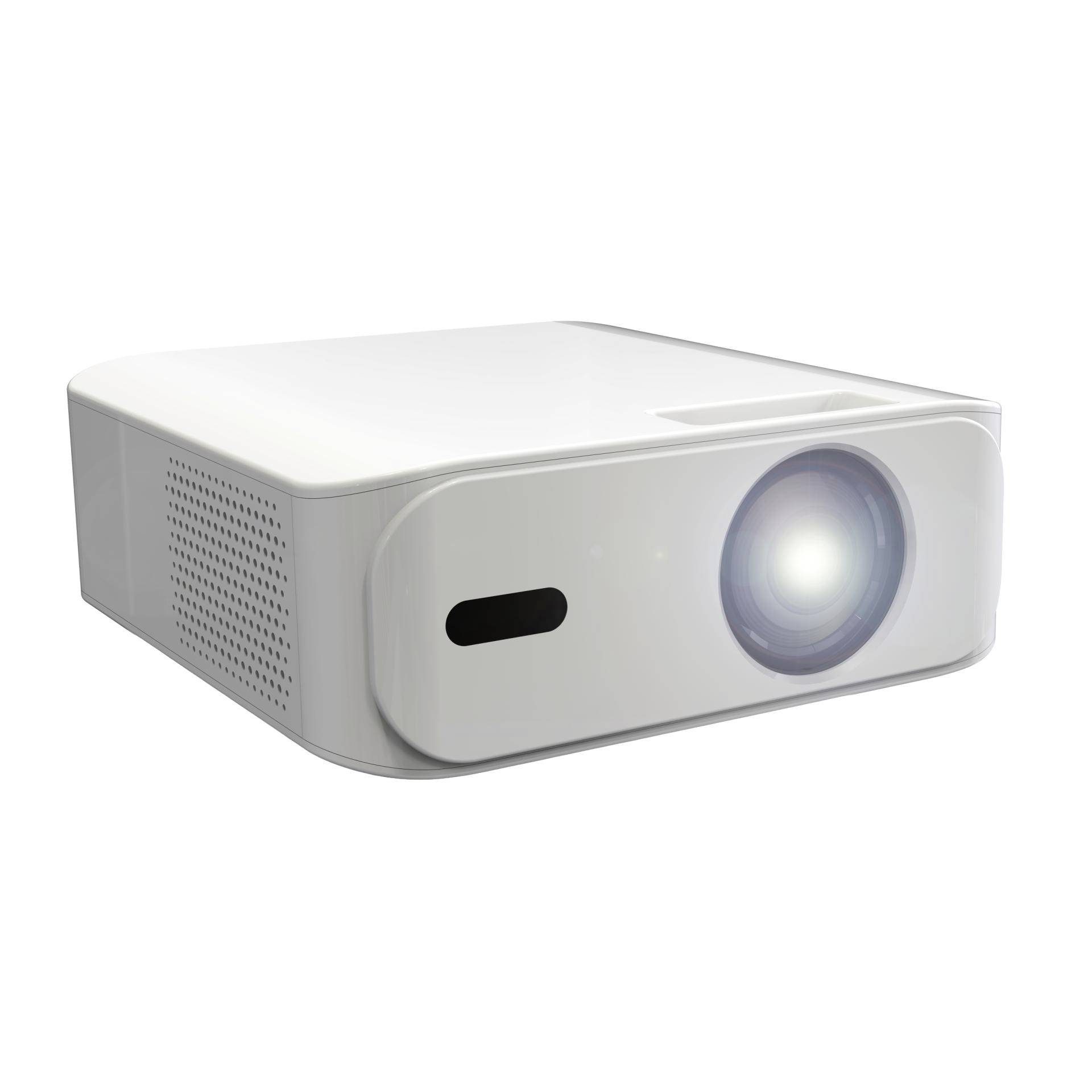 Projecteur multimédia blanc avec lentille à l'avant et côté ventilé, présenté sur un fond uni.