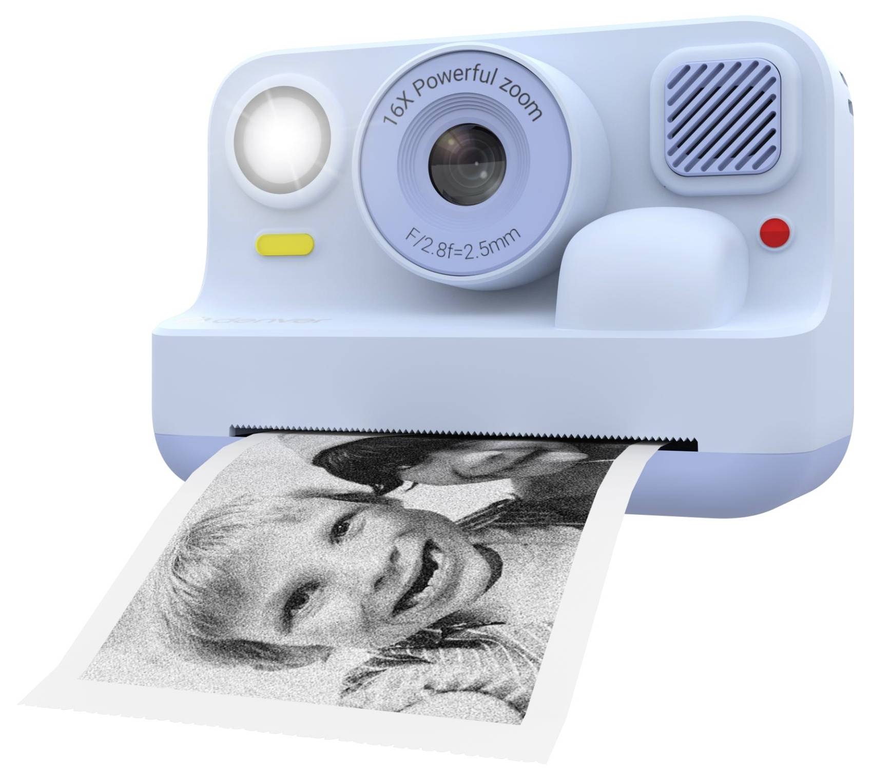Un appareil photo instantané bleu imprime une photo en noir et blanc d'un enfant souriant, avec « zoom puissant 16x » et « F1.8 F=2.5mm » sur l'objectif.