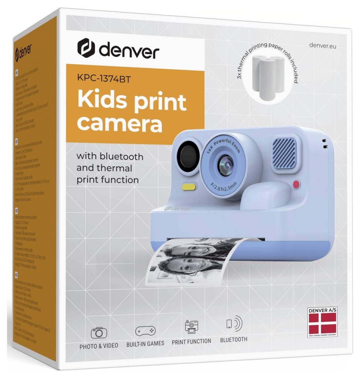Boîte pour appareil photo pour enfants Denver KPC-1374BT avec impression thermique et fonction Bluetooth, montrant un appareil photo bleu en train d'imprimer une photo.