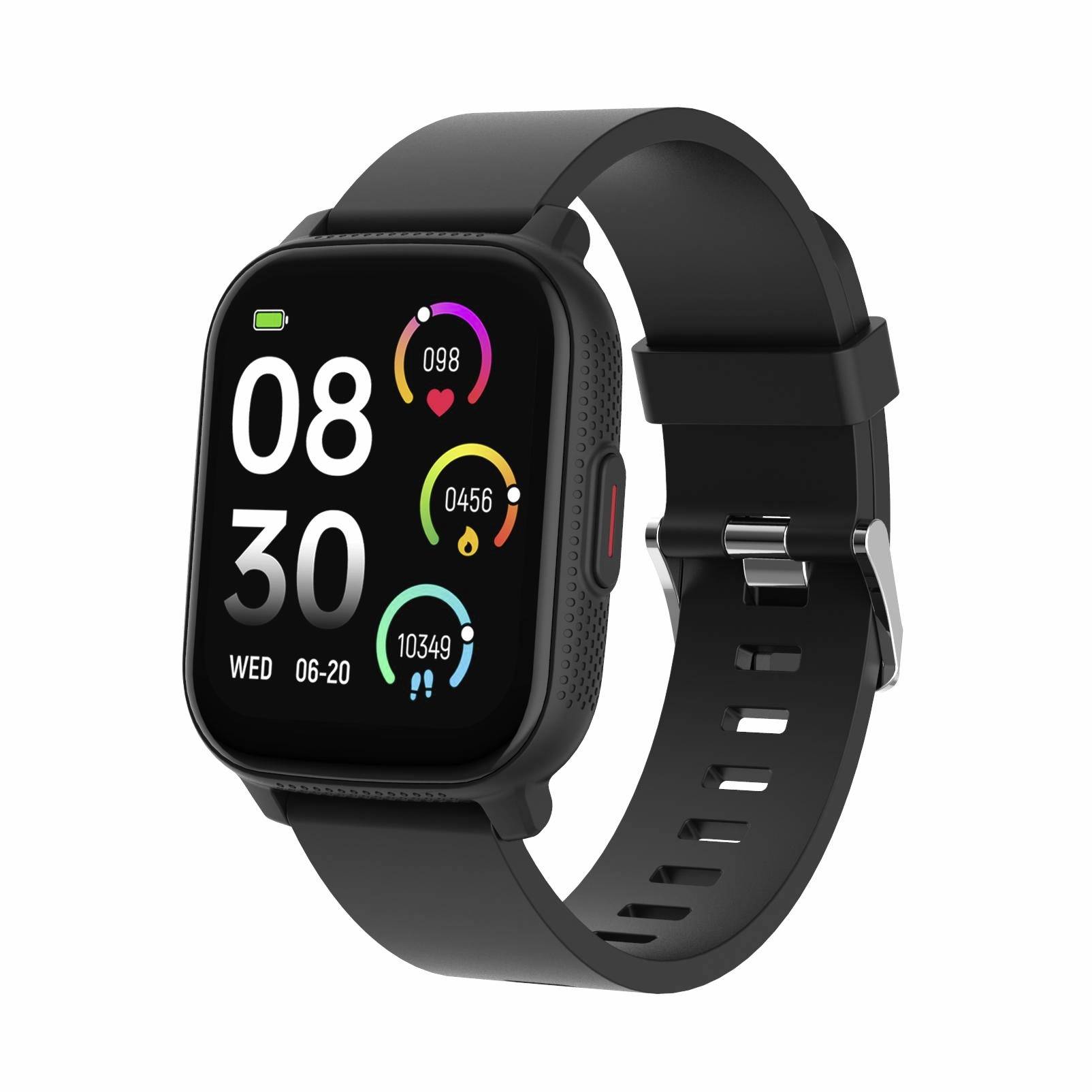 Montre intelligente noire avec un écran carré affichant 08:30, la date MER 06-20, une icône de batterie, et trois anneaux de fitness pour la fréquence cardiaque, les calories et les pas.