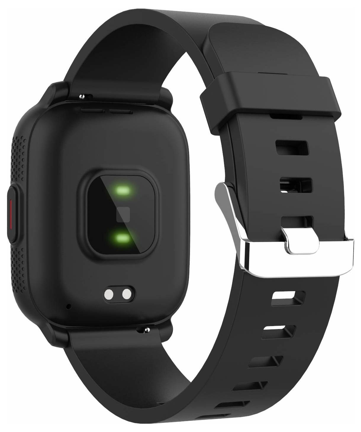 Montre intelligente noire avec un cadran rectangulaire, des capteurs de fréquence cardiaque brillant en vert au dos, et un bracelet noir perforé avec une boucle argentée.