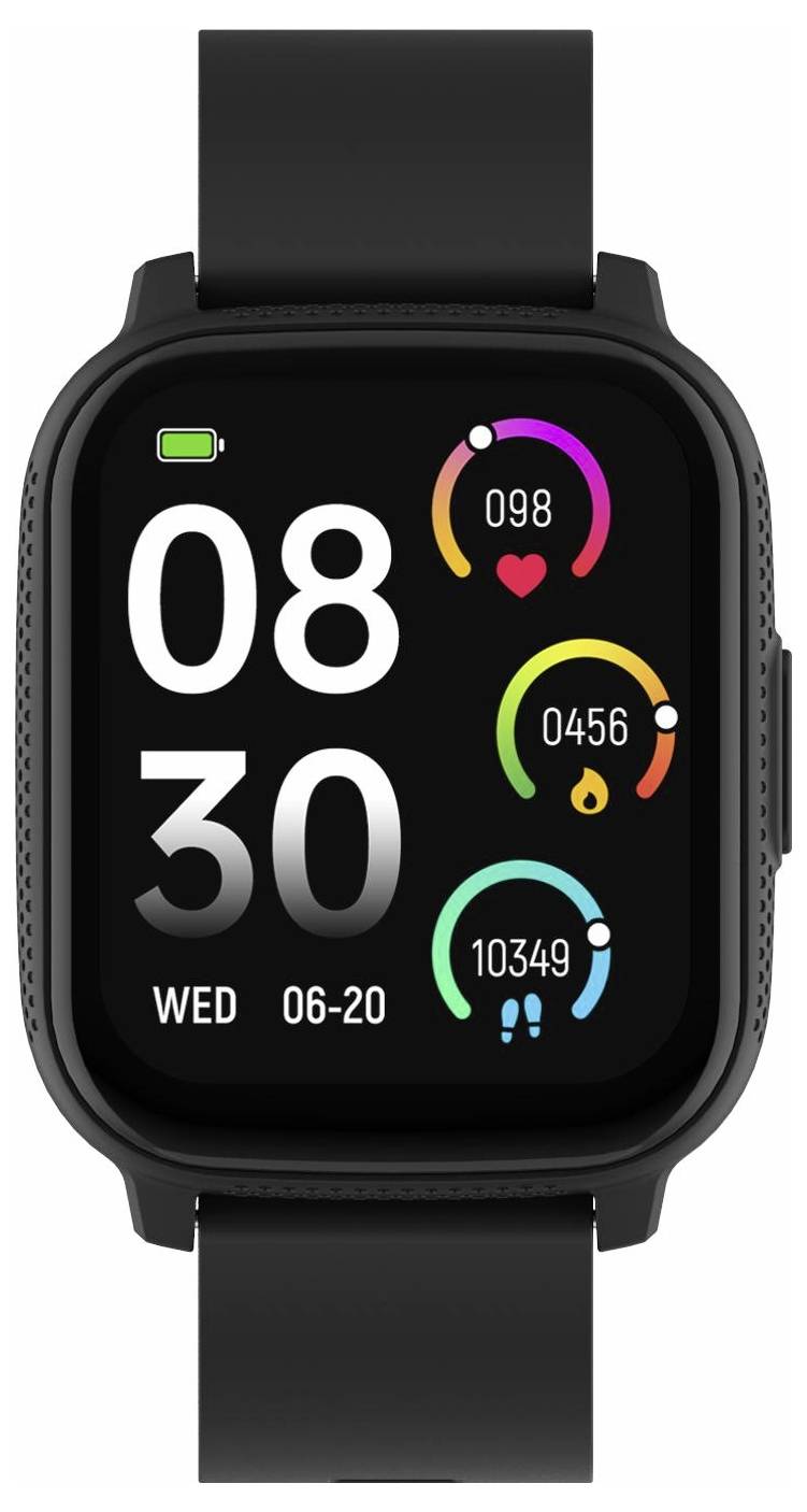 Affichage de montre intelligente montrant 08:30 le mercredi 06-20, avec icône de batterie et trois métriques d'activité circulaires pour la fréquence cardiaque, les calories et les étapes.