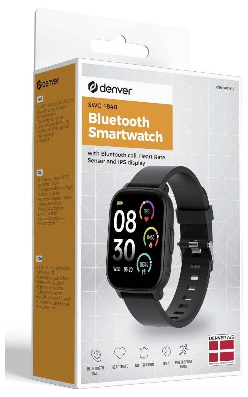 Emballage pour une montre intelligente Bluetooth Denver SWC-184B, présentant une montre rectangulaire noire avec des fonctionnalités de fréquence cardiaque, de notification et de contrôle de la musique.