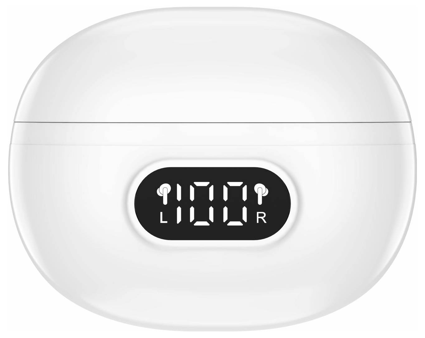 Étui de charge pour écouteurs sans fil blancs avec un écran numérique noir affichant « 100 » et des icônes d'écouteurs gauche/droit.