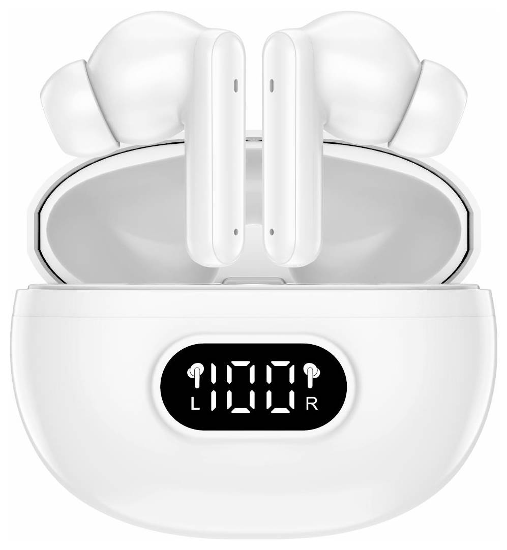 Des écouteurs sans fil blancs dans un étui de recharge ouvert, avec un affichage frontal indiquant 100 pour cent de batterie pour les écouteurs gauche et droit.
