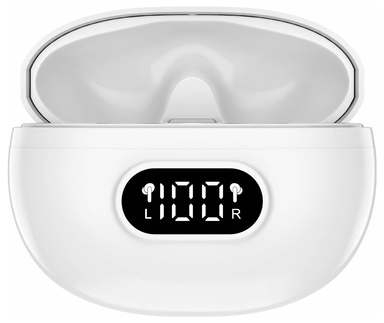 Weiße kabellose Ohrhörer mit Ladecase und geöffnetem Deckel, vorderes LED-Display zeigt 100 und L/R-Indikatoren.