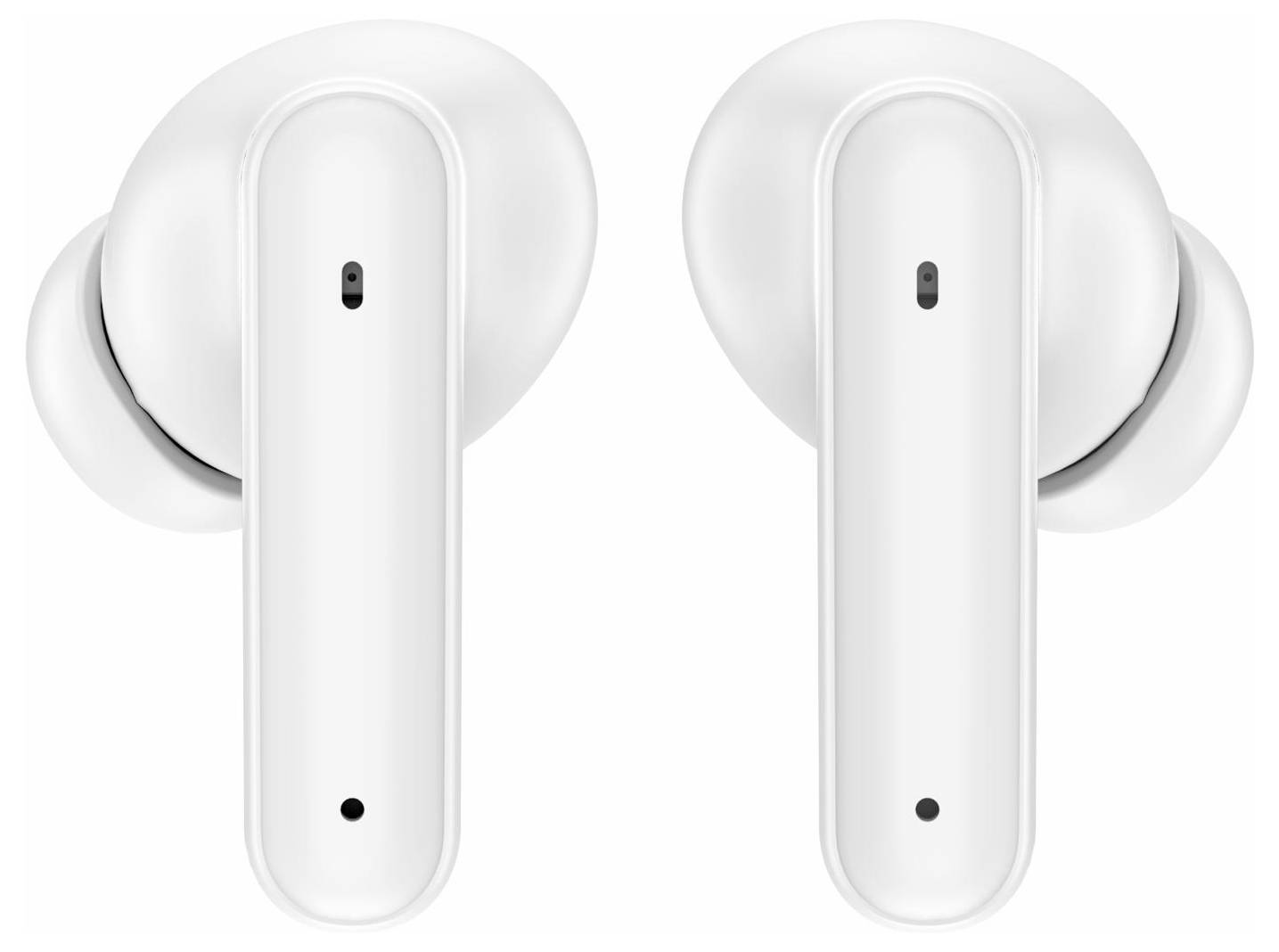Paire d'écouteurs sans fil blancs présentée en vue de face sur fond blanc, chacun avec une tige de boîtier de recharge arrondie et un embout auriculaire.