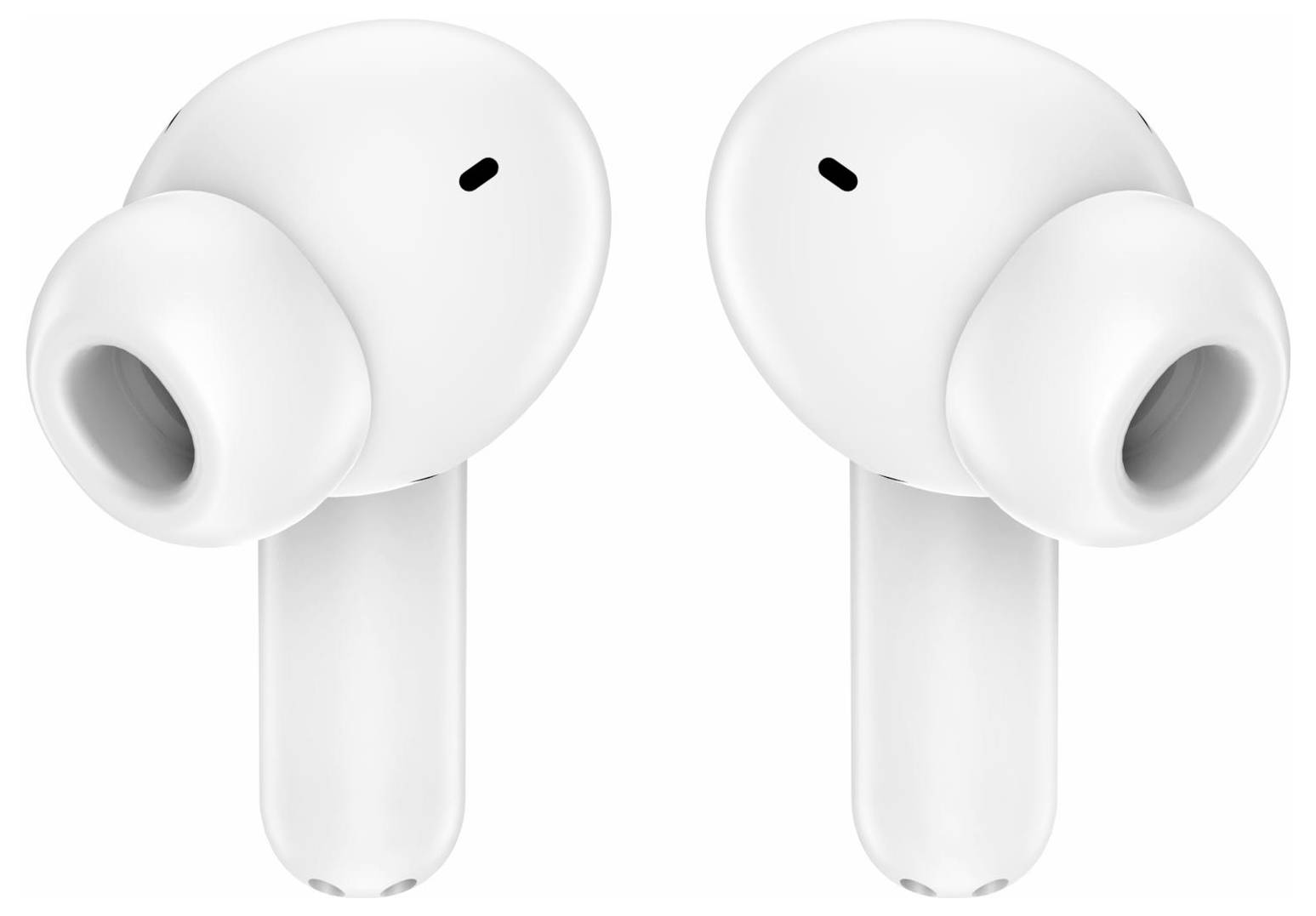 Deux écouteurs sans fil blancs présentés côte à côte sur un fond blanc, avec des embouts intra-auriculaires et des tiges courtes.