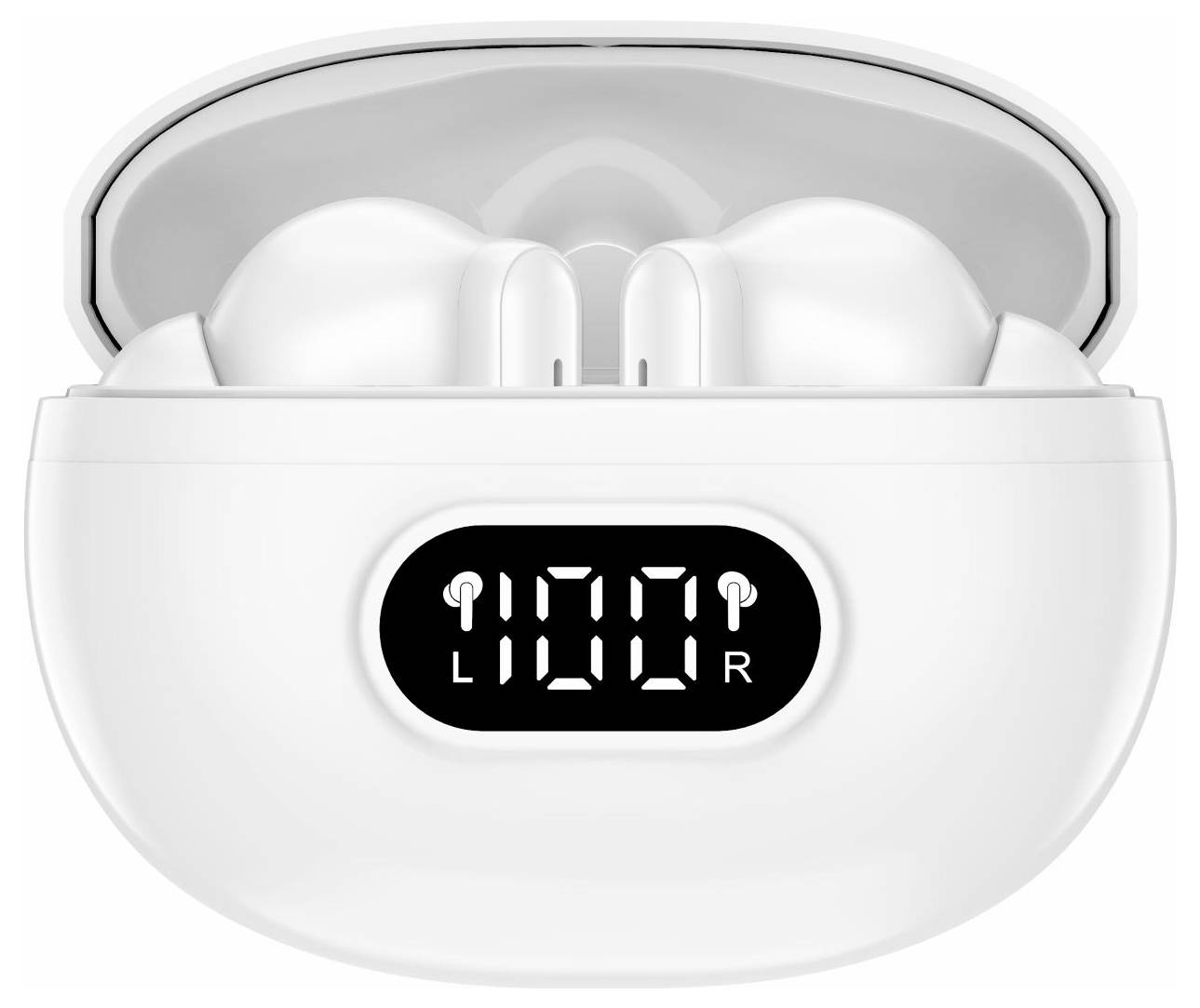 Des écouteurs sans fil blancs dans un étui de charge avec un écran numérique frontal affichant 100 % de batterie pour les écouteurs gauche et droit.
