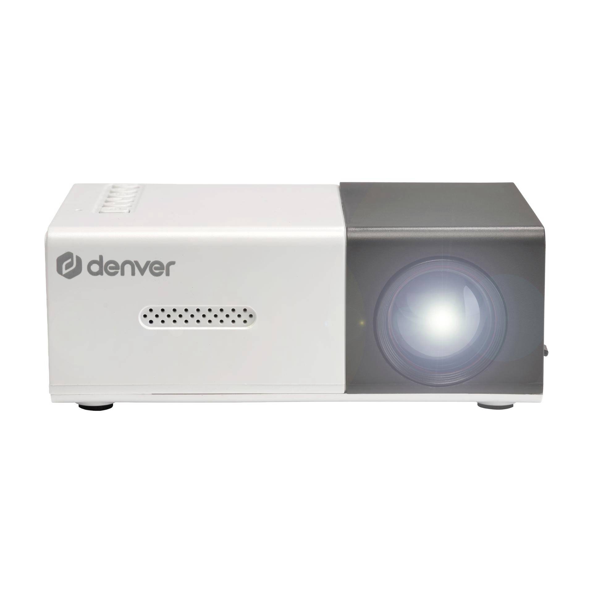 Projecteur Denver blanc avec objectif sur la droite et grille de haut-parleur ventilée à l'avant, présenté sur un fond uni.