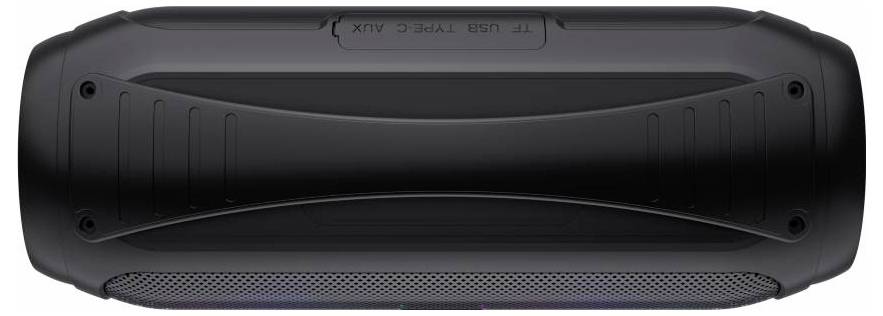 Enceinte portable noire vue de dessus, avec un sommet incurvé, des vis latérales et une grille perforée le long du bord inférieur.