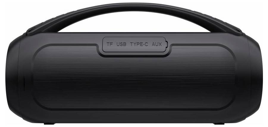 Haut-parleur portable noir avec poignée de transport et étiquettes d'entrée supérieure « TF », « USB », « TYPE-C » et « AUX »