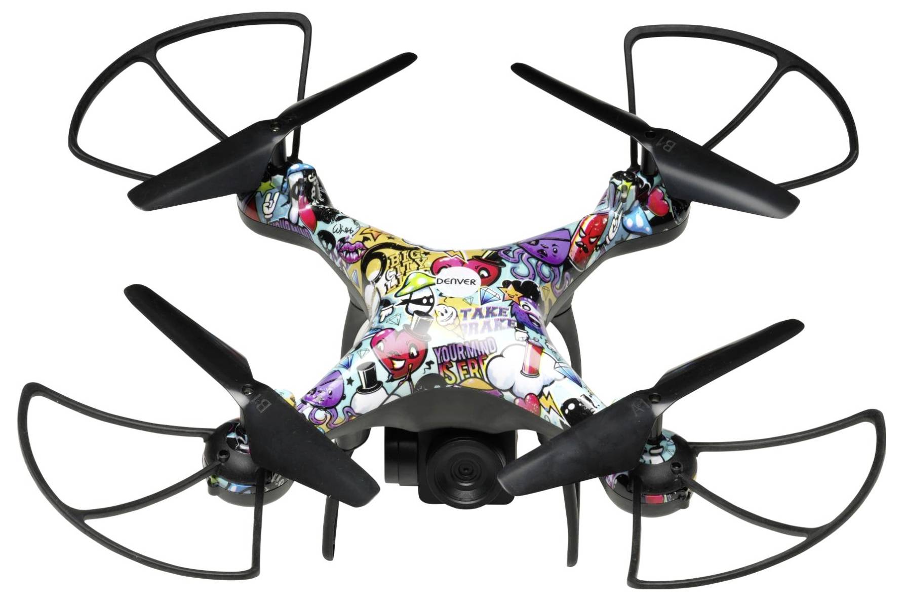 Un drone quadcoptère coloré avec quatre hélices et des protections, présenté sur un fond blanc.