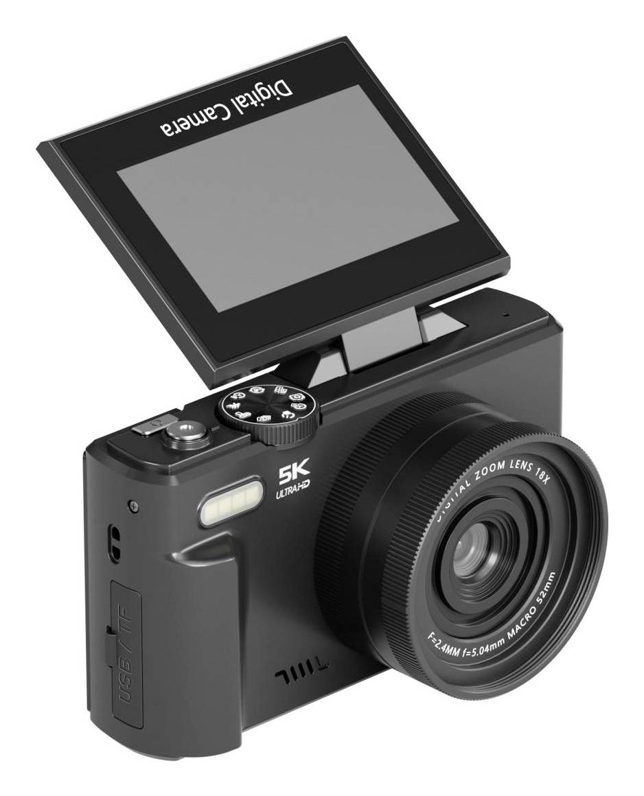 Schwarze digitale Kamera mit aufklappbarem LCD-Bildschirm und großem Zoomobjektiv, vor weißem Hintergrund dargestellt.
