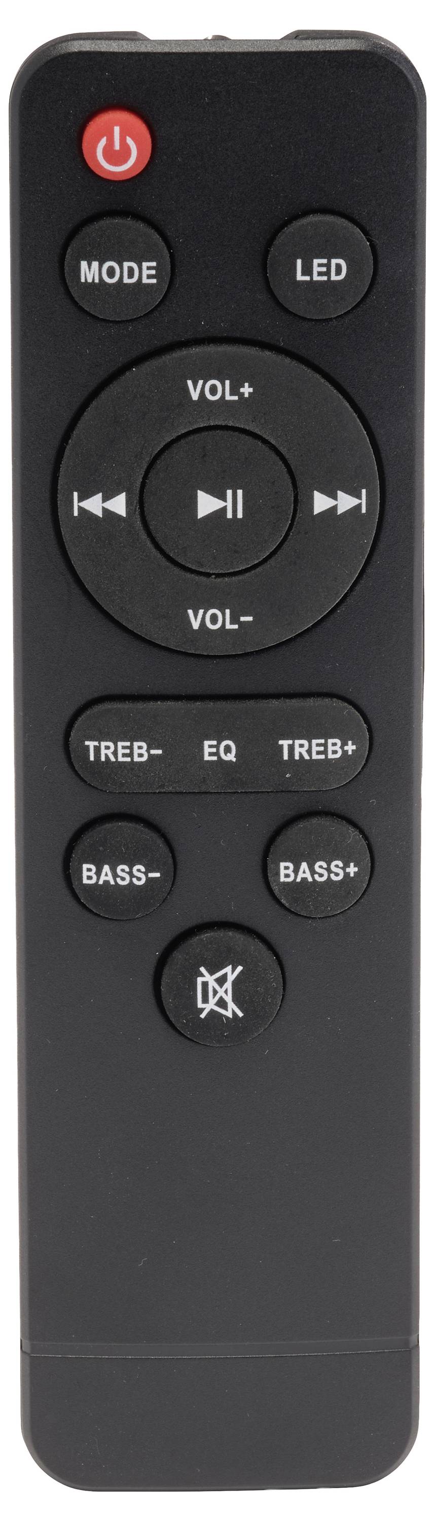 Télécommande noire avec bouton d'alimentation rouge, boutons mode et LED, contrôles de volume et de piste, boutons égaliseur et graves/aigus, et sourdine en bas.