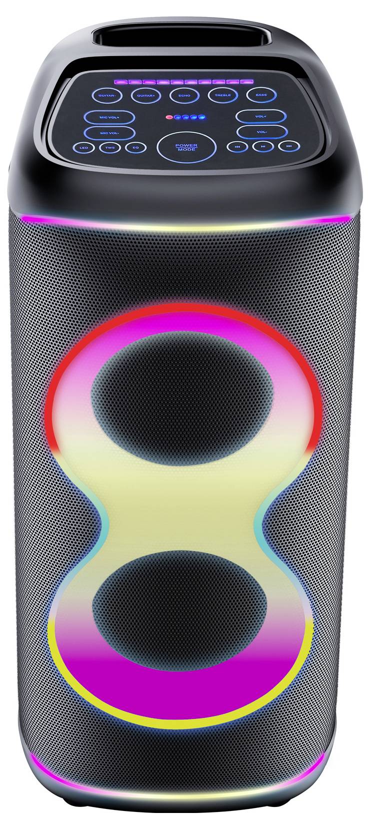 Enceinte Bluetooth portable noire avec commandes tactiles illuminées et anneaux de LED colorés à l'avant et à la base.