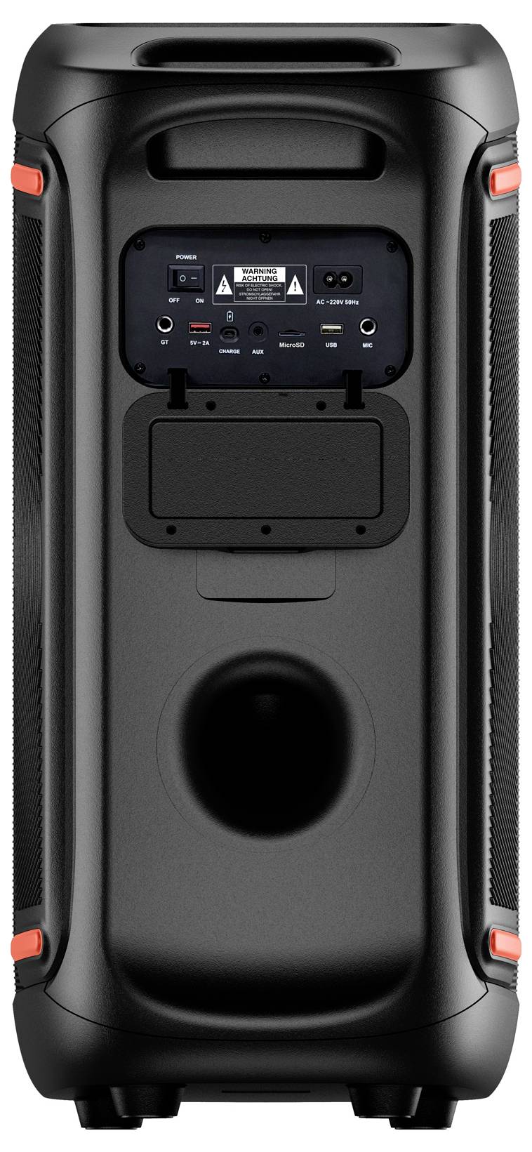 Enceinte de haut-parleur portable noire avec poignée, panneau de commande arrière, ports et grande ouverture de reflex de graves à l'arrière.