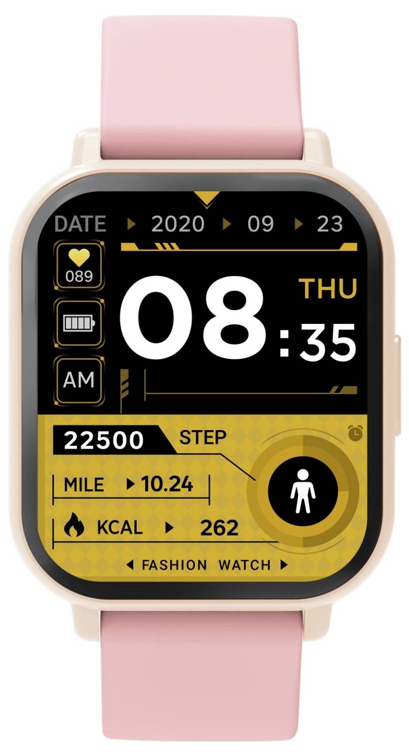 Une montre intelligente rose affichant 08:35 jeudi, date 2020-09-23, nombre de pas 22 500, distance 10,24 miles et 262 kcal.