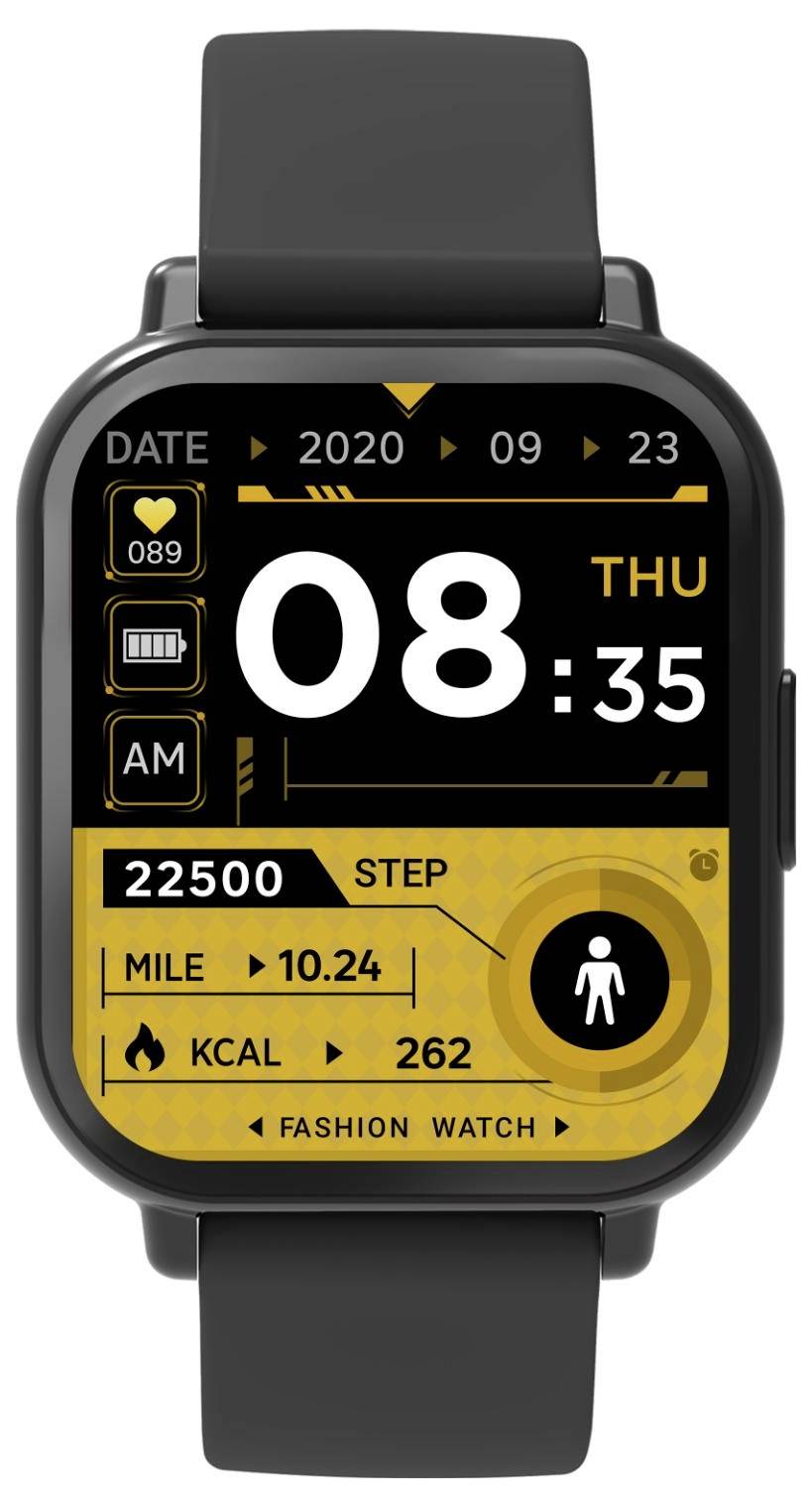 Cadran de montre intelligente affichant 8 h 35 le jeudi 23 septembre 2020, avec 22 500 pas, 10,24 miles, 262 kcal et batterie à 89 %.