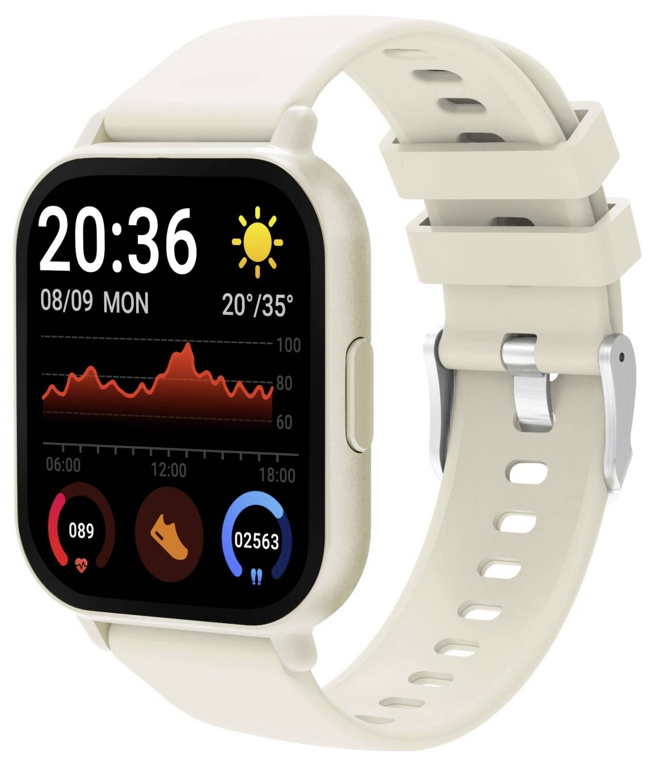 Montre intelligente carrée beige avec bracelet crème, affichant 20:36, date 08/09 LUN, météo ensoleillée, 20°/35°, et des graphiques d'activité sur l'écran.