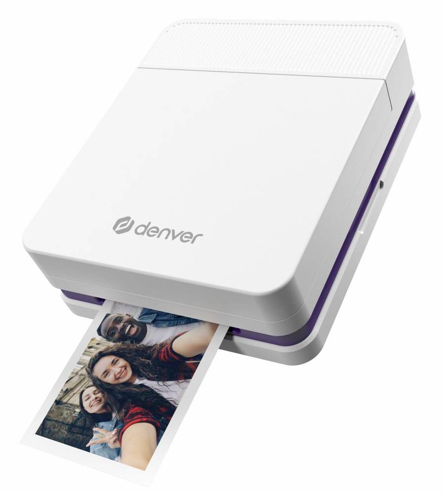Imprimante photo portable Denver blanche éjectant un tirage de selfie en couleur
