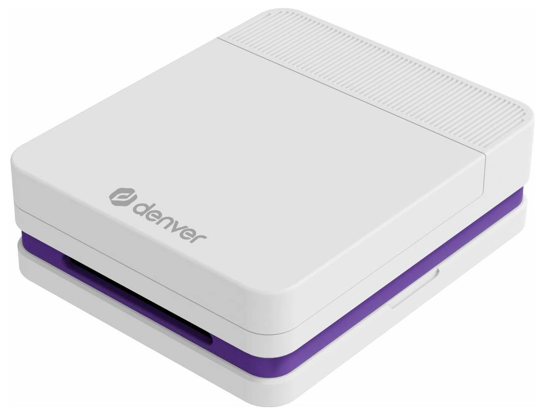 Appareil électronique Denver blanc avec bords arrondis, bande d'accent violette et surface supérieure nervurée, présenté en vue trois quarts sur fond blanc.