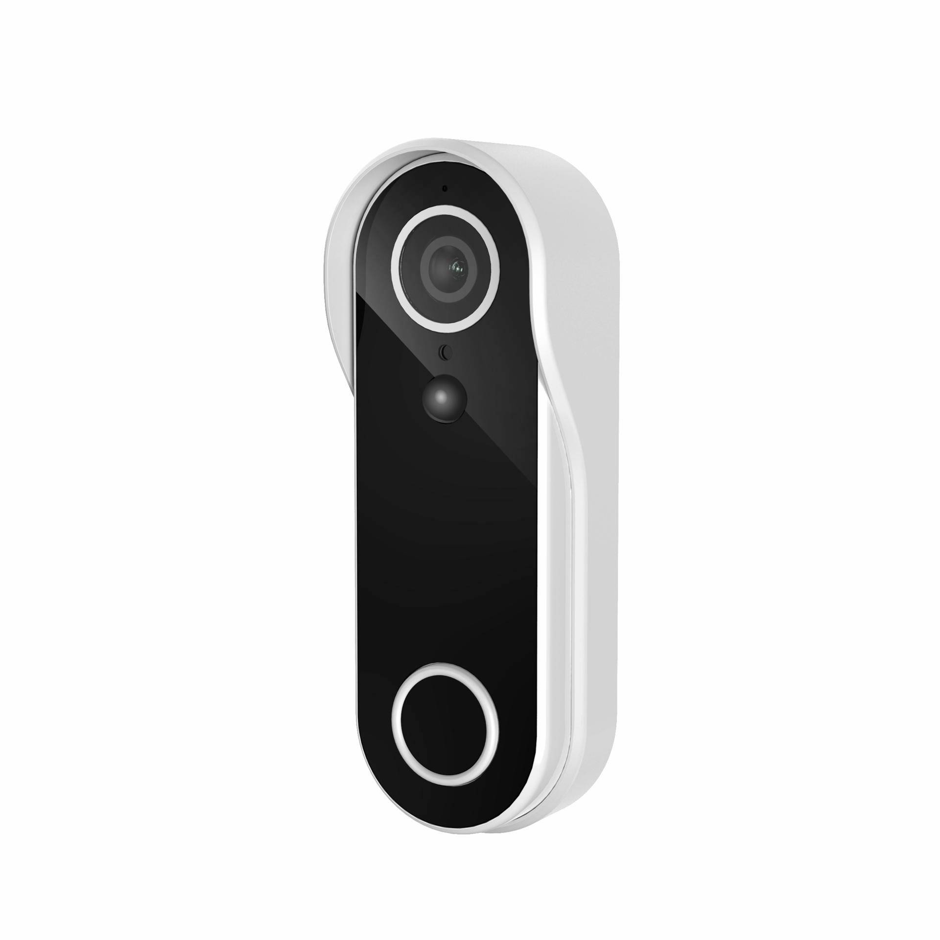Une sonnette vidéo intelligente blanche avec un objectif de caméra en haut et un bouton circulaire en bas sur un fond uni.
